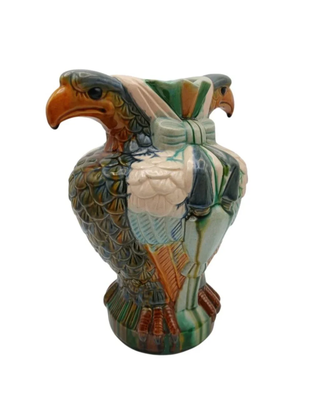 Majolica Double Eagle Head Vase Sculptural Ceramic Urn 9.5